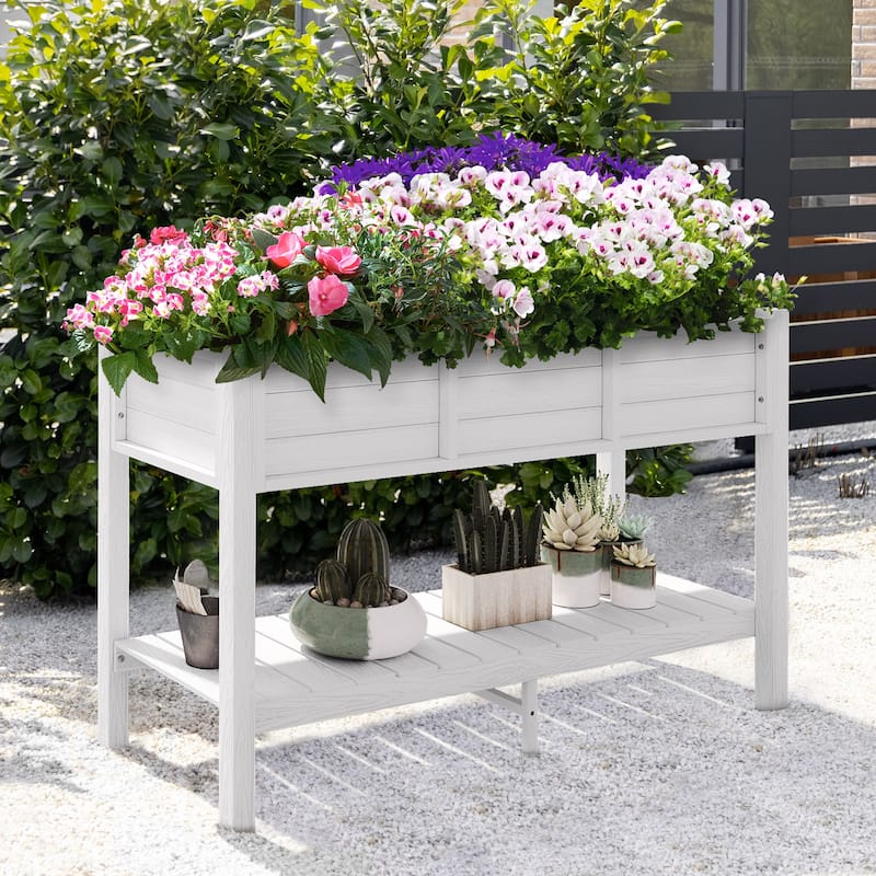 Moasis Poly Wood Raised Garden Bed Planter Box Stand Weather Resistant with Legs and Storage Shelf - 47"x18"x29" - White