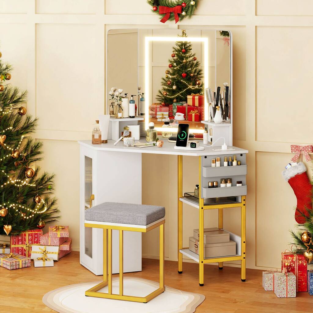 Costway Corner Vanity Desk with Mirror Lights Triple Mirror 3 Lighting - See Details