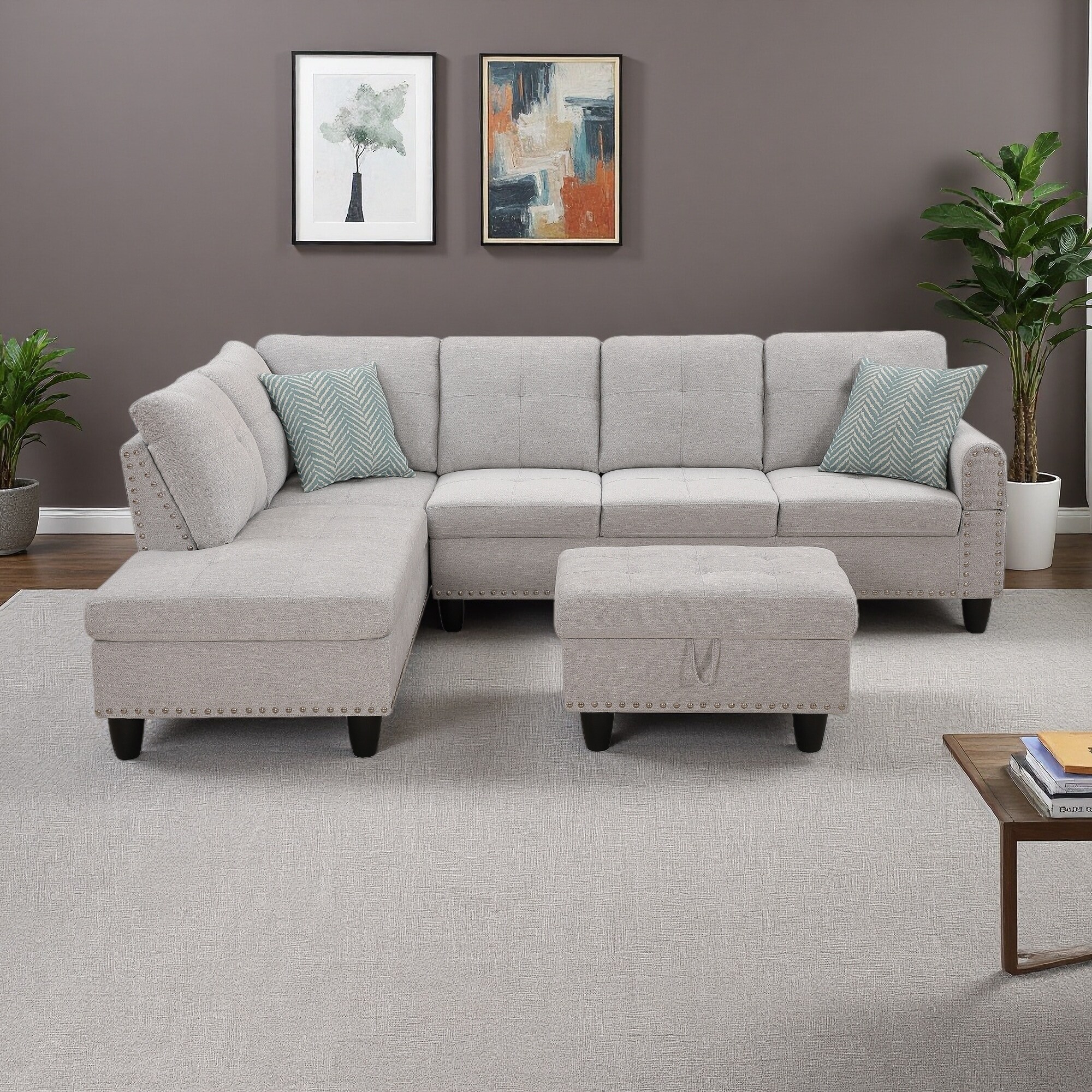 98" Linen L-Shaped 3-Seat Sectional Sofa with Ottoman and Storage