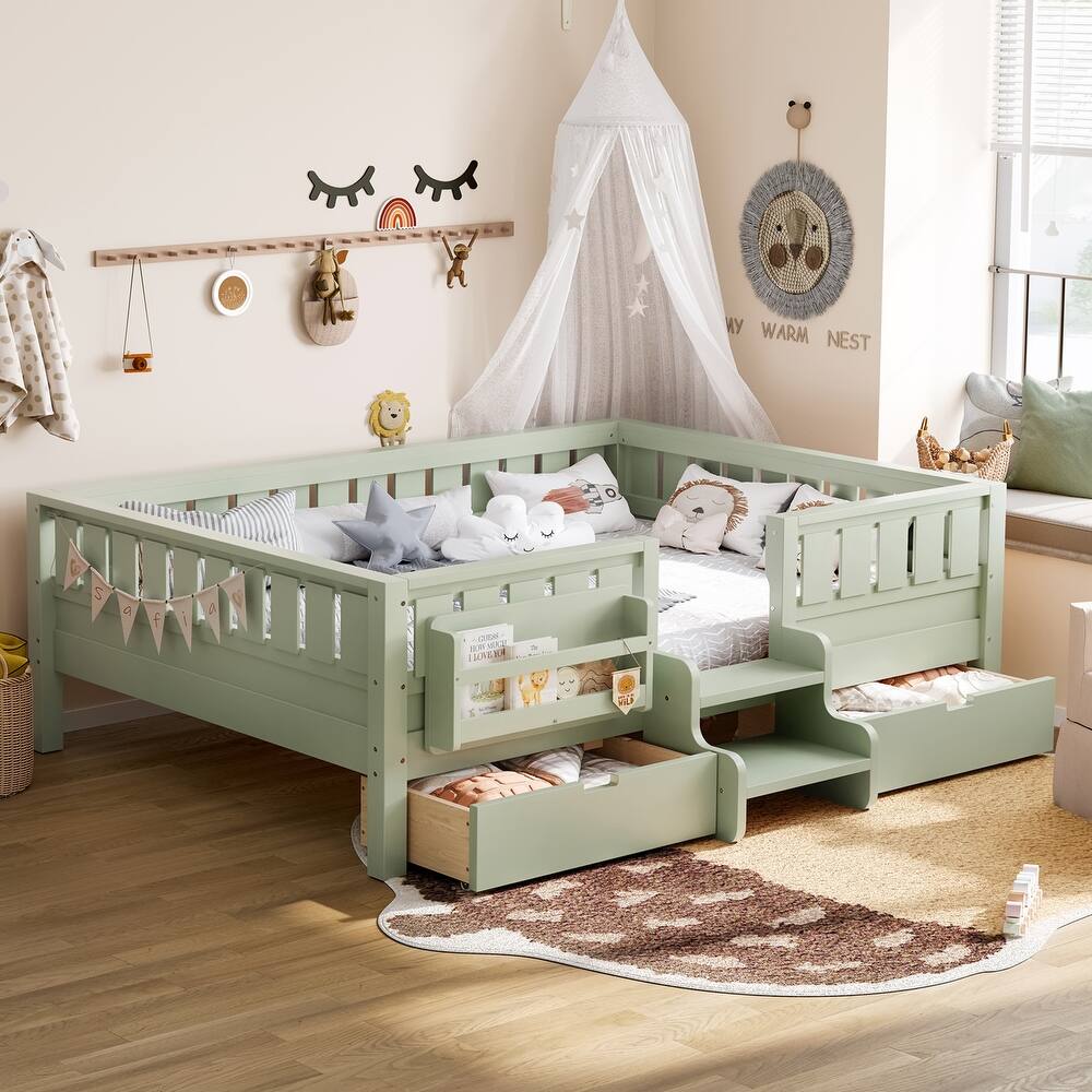 Multiple Colors Toddler Montessori Bed Children's Platform Bed with Low Profile Stairs, Built-in Bookshelf and Storage Drawers