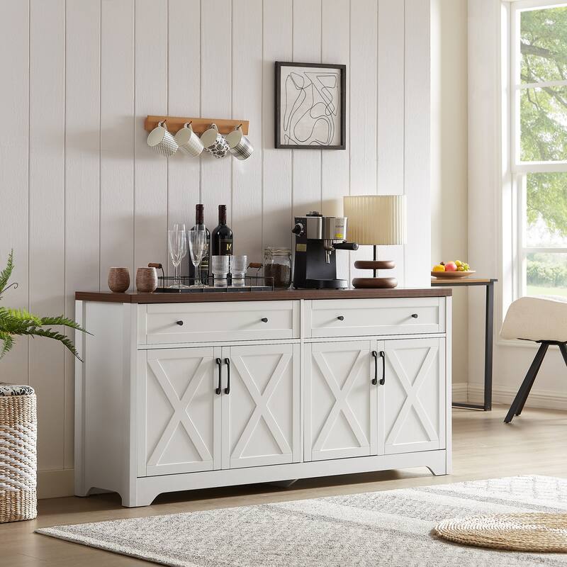 Sideboard Buffet Cabinets with 4 Door, Kitchen Storage Cabinets, Wood Coffee Bar Tables w/ Shelf, Accent Console for Living Room