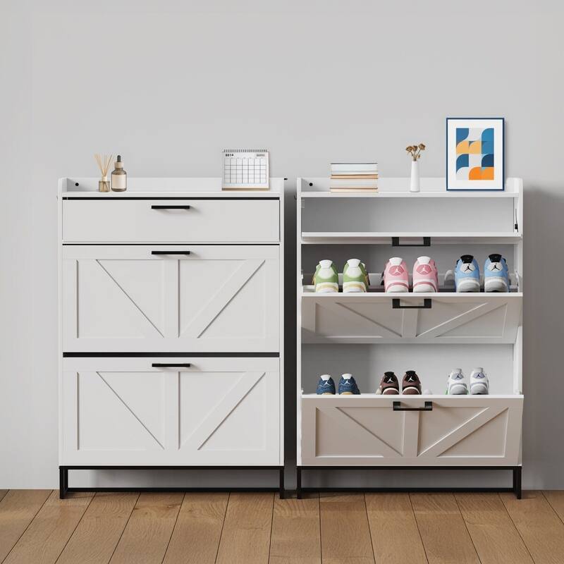 AVAWING Freestanding Farmhouse Shoe Cabinet - 2 Flip Drawers & Adjustable Shelves, Entryway Slim Storage with Side Hooks.