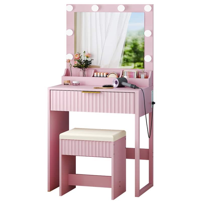 Particle Board Veneered with Textured Melamine, 1-drawer 3-compartment Dressing Table Set with 8 Three-color Dimmable Bulbs