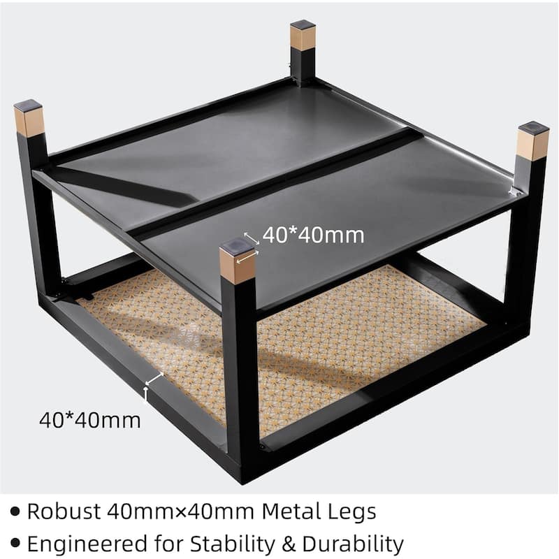 Industrial Square Coffee Table - 27.6" Matte Black Steel Frame & Gold Mesh Glass Top