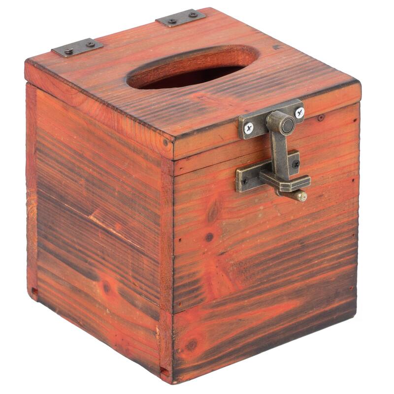 Square Wooden Rustic Lockable Tissue Box Cover Holder - Brown
