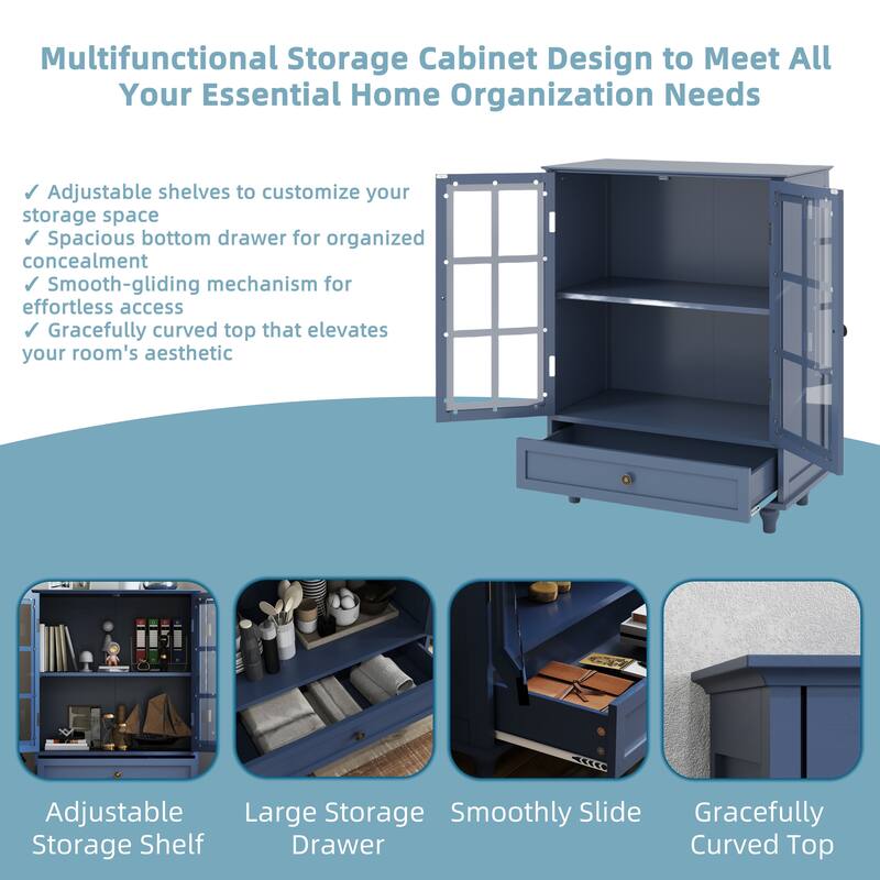 Accent Cabinet with Glass Doors and Drawers, Wooden Buffet and Sideboard Cupboard with Storage