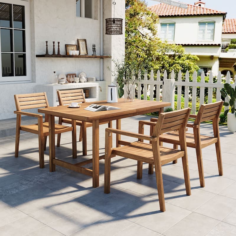 5-Piece Outdoor Acacia Wood Dining Set with Rectangular Table and Umbrella Hole for Family Gatherings - Natural