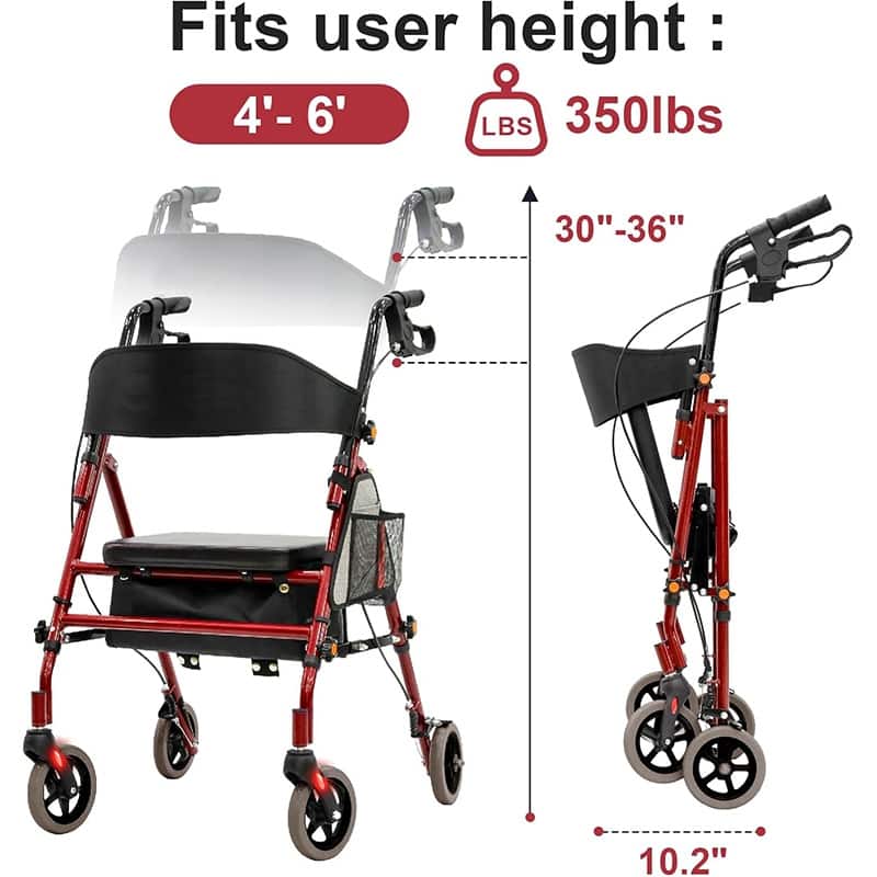 Lightweight Foldable Rollator Walkers with Seat for Seniors, 350 lb Capacity, 5-Position Adjustable Height - Red