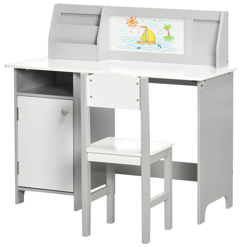 Modern Kids' Table Desk and Chair Set with Whiteboard Top and Built In Storage for Study Room or Bedroom
