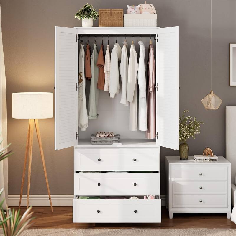 Garvee Louvered Door Armoire Wardrobe Closet with Drawers, 69.5" Wooden Wardrobe Cabinet with Hanging Rod