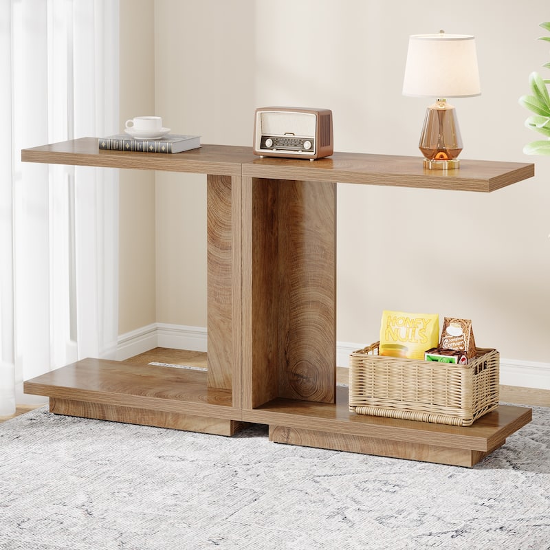 C-Shaped Side Table, 2-Tier Narrow End Table Wood Bedside Table