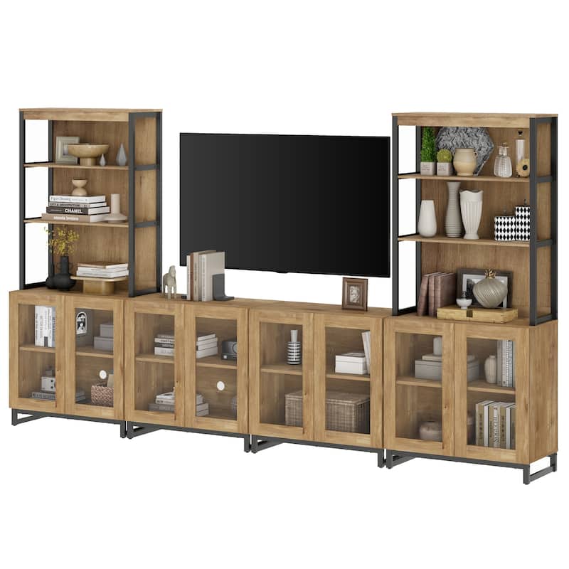 Modern TV Stand with 3 Tiers Bookshelf,Wooden Media TV Console with Glass Doors for Living Room