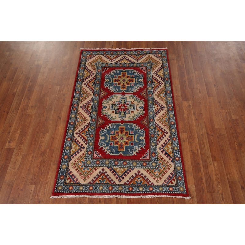 Traditional Kazak Accent Rug Hand-Knotted Red Wool Carpet - 3'3" x 5'4"