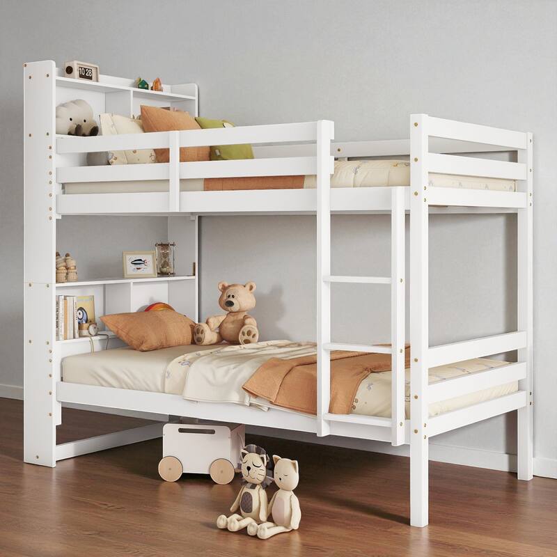 Twin Over Twin Bunk Bed with Shelves Headboard, Solid Rubber Wood Frame with Guardrails, Ladder, and Convertible Design