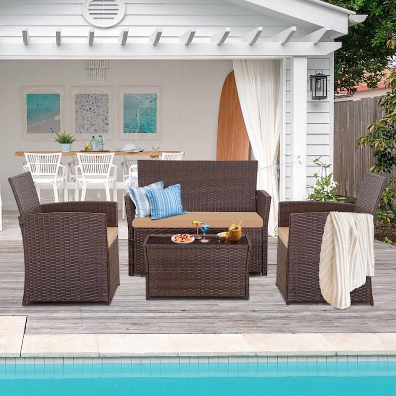 4 PCS Wicker Sectional Seating Sofa Set for Outside Balcony - Brown/Brown