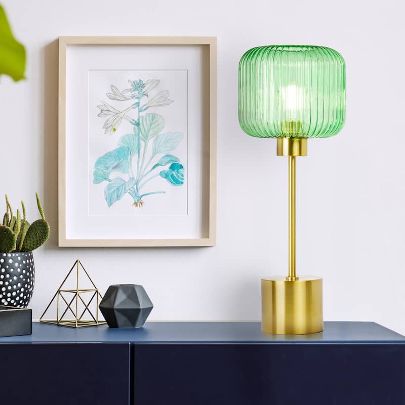 Rowan River of Goods 21.25-Inch Brushed Gold Metal Table Lamp with Glass Shade - Green