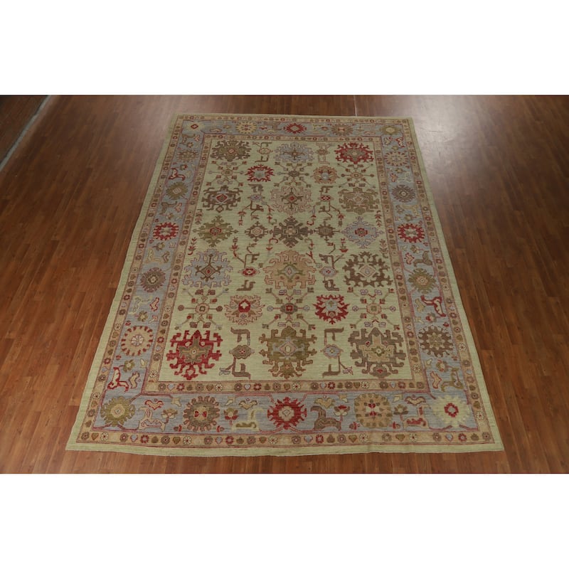 Hand Knotted Oriental 100% Wool Carpet Transitional All-Over Green Oushak Area Rug - 12' 4'' X 9' 2''