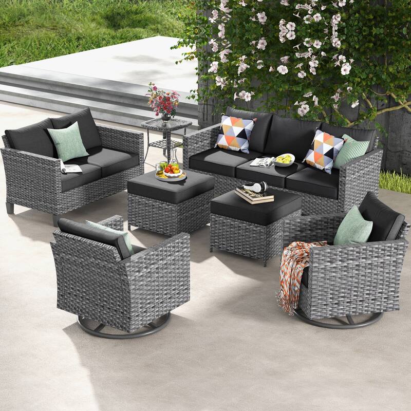 OVIOS 7-piece Wicker Sectional Sofa Swivel Rocking Chair Set - Black