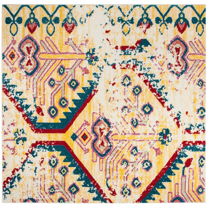 SAFAVIEH Watercolor Zafeiria Modern Abstract Rug - 6'7" Square - Light Yellow/Blue