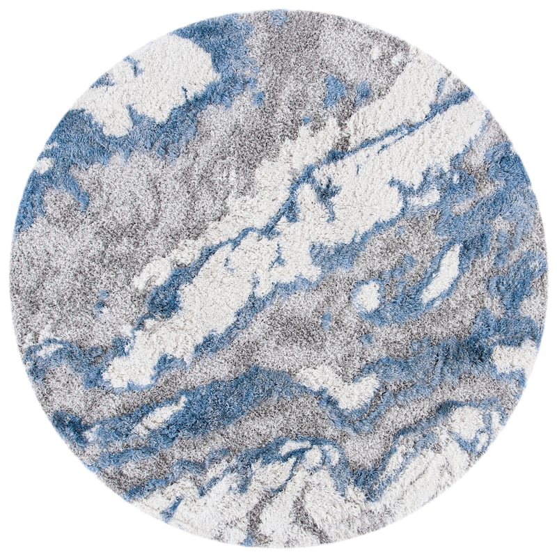 SAFAVIEH Horizon Shag Mukades Abstract 2.5-inch Thick Rug - 4' Round - Grey/Blue - Round