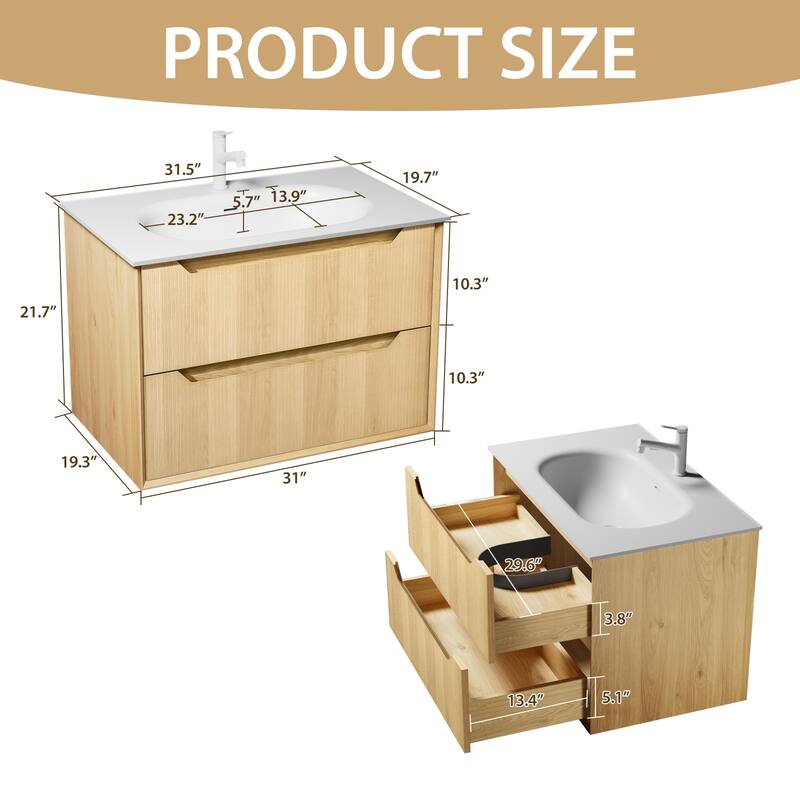 32" Floating Bathroom Vanity with Sink - Multi-Layer Solid Wood, Wall-Mounted with White Stone Top & 2 Soft-Close Drawers