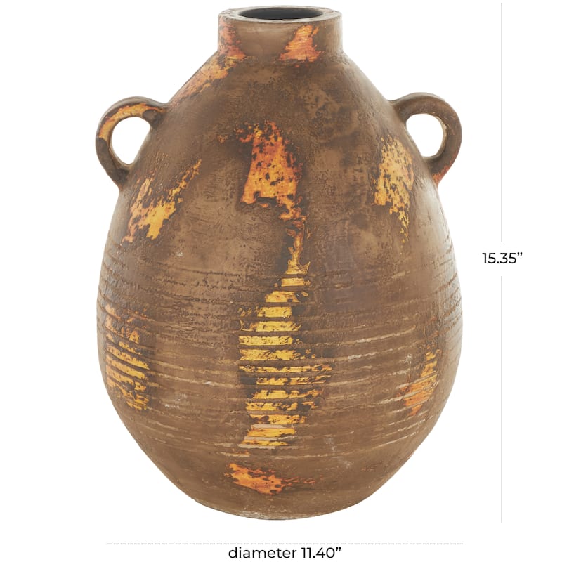 Ceramic Antique Style Distressed Vase with Grooves and Handles - Brown - Roche River Decor - 12"W x 11"L x 15"H