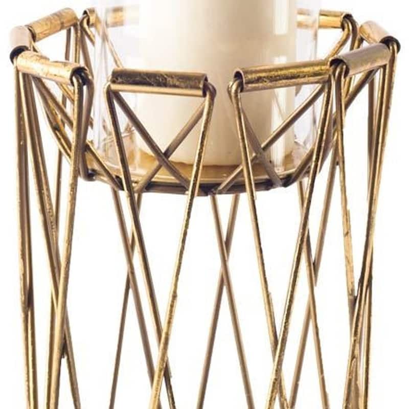 8" Antiqued Brass Distressed Geometric Metal And Glass Tabletop Hurricane Candle Holder