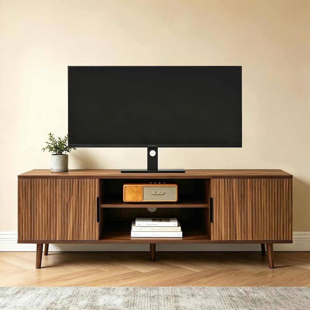 Fluted TV Stands for Living Room, 54.3" Modern Entertainment Center, TV Console with Open Shelves, Television Media Cabinet