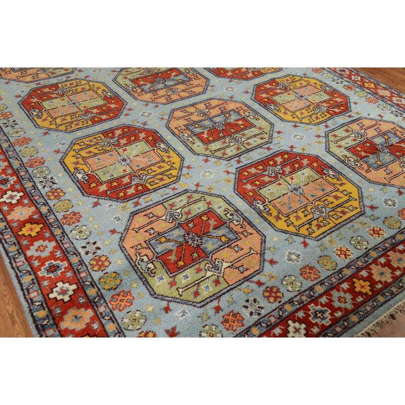 Geometric Blue Khotan Indian Area Rug Handmade Wool Carpet - 7'11"x 9'10"