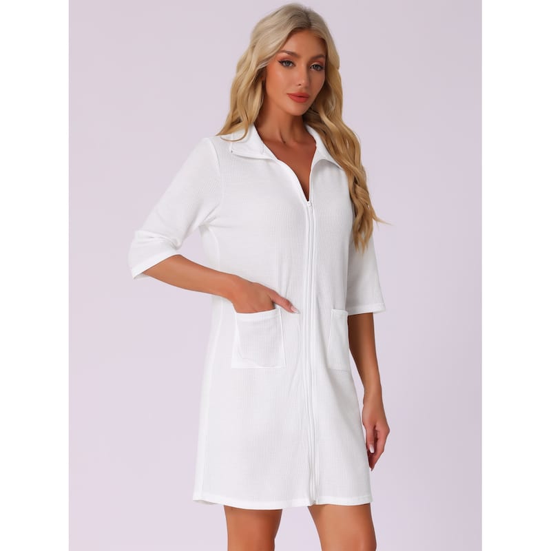 Women's Zip Up Robes 3/4 Sleeves Waffle Bathrobe Sleepwear with Pockets