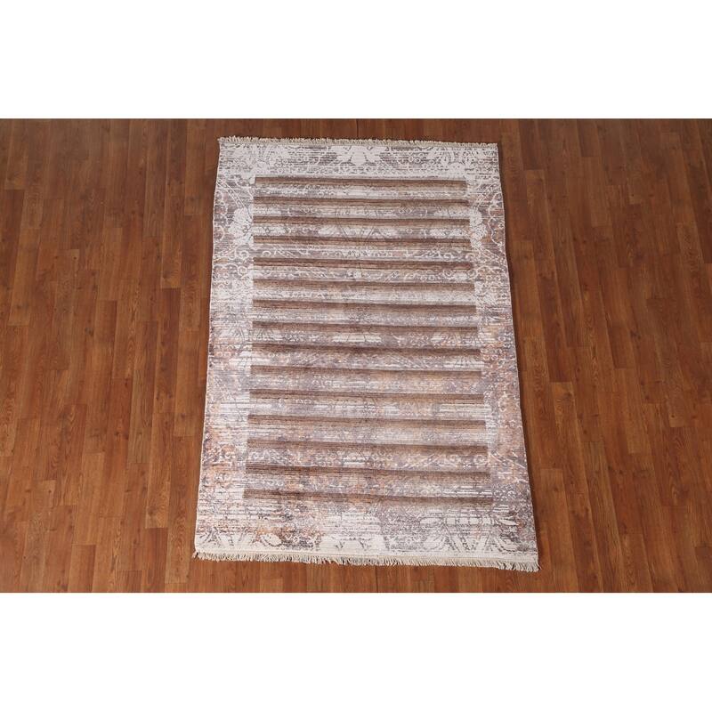 Striped Brown Abstract Oriental Accent Rug Handmade Wool Carpet - 4'1"x 5'11"