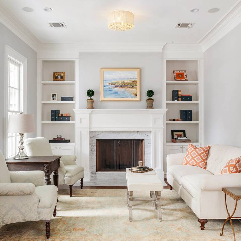 4-Light Modern Luxury Textured Fabric & Crystal Flush Mount with Crystal Droplets for Living Room - 15.7 in. W x 8.7 in. H