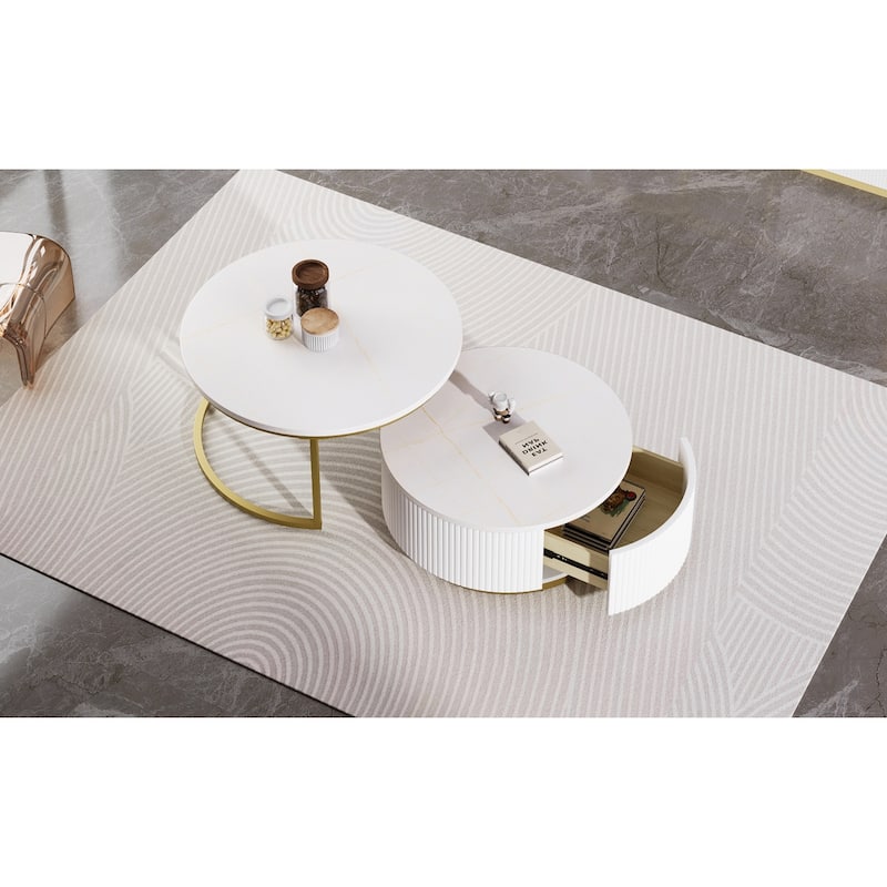 Modern Round Nesting Coffee Set of 2, Stacking Living Room Accent Tables with Gold Metal Frame, Office Wood Center Table