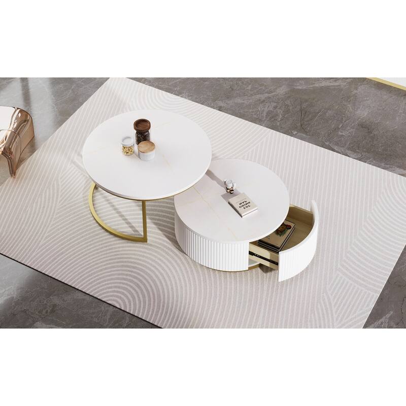 Modern Round Nesting Coffee Table Fluted with Drawer in 27.6"