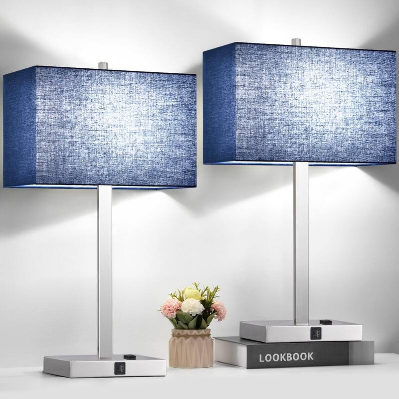 21" Set of 2 Touch Control Table Lamps with 2 USB & AC Outlets - 4.4"D x 7.8"W x 21"H - Blue Line & Brushed Nickel
