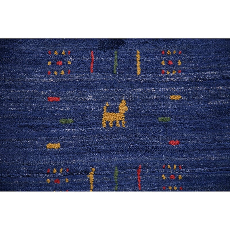 Blue Striped Gabbeh Oriental Area Rug Handmade Silk Carpet - 8'10" x 11'5"
