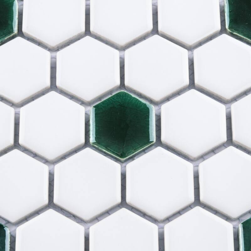 Merola Tile Metro Ion 1" Hex Emerald Dot w/Glossy White 10-1/4" x 11-7/8" Porcelain Floor and Wall Tile
