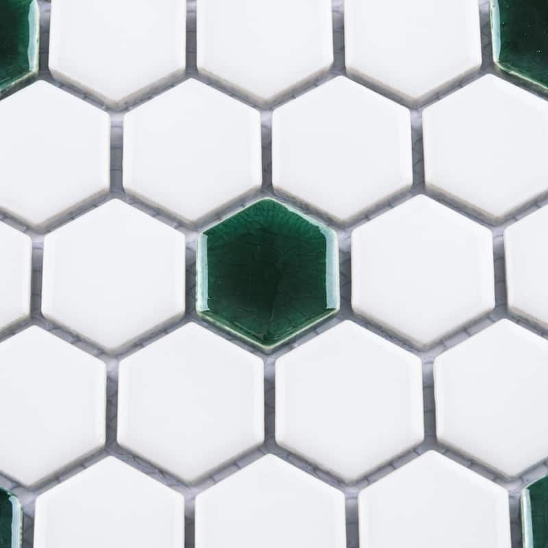 Merola Tile Metro Ion 1" Hex Emerald Dot w/Glossy White 10-1/4" x 11-7/8" Porcelain Mosaic Floor and Wall Tile