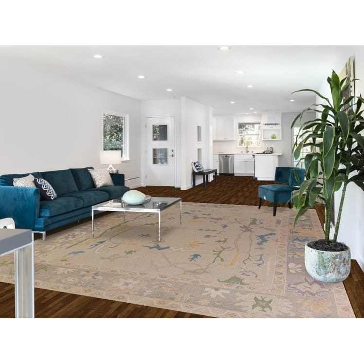 Hand Knotted Oriental 100% Wool Carpet Transitional All-Over Beige & Ivories Oushak Area Rug - 12' 3'' X 9' 4''