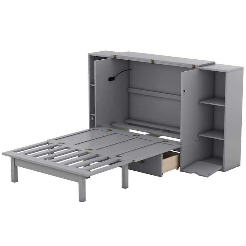 Gray Queen Size Murphy Bed with Shelves, Drawers, USB Ports