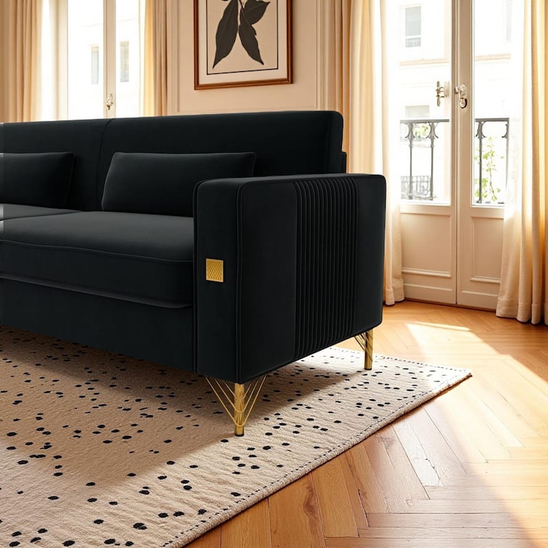 Roomfitters Mid-Century Modern Upholstered Sofa with Gold Metal Legs and Square Arms, Elegant Couch for Living Room