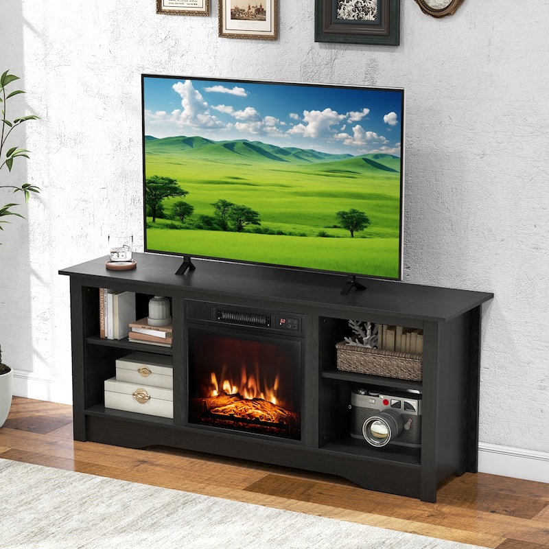 Engineered Wood 65 inches TV Stand with 6 Storage Cubby Shelves and Fireplace Space - 58" x 16" x 24.5"