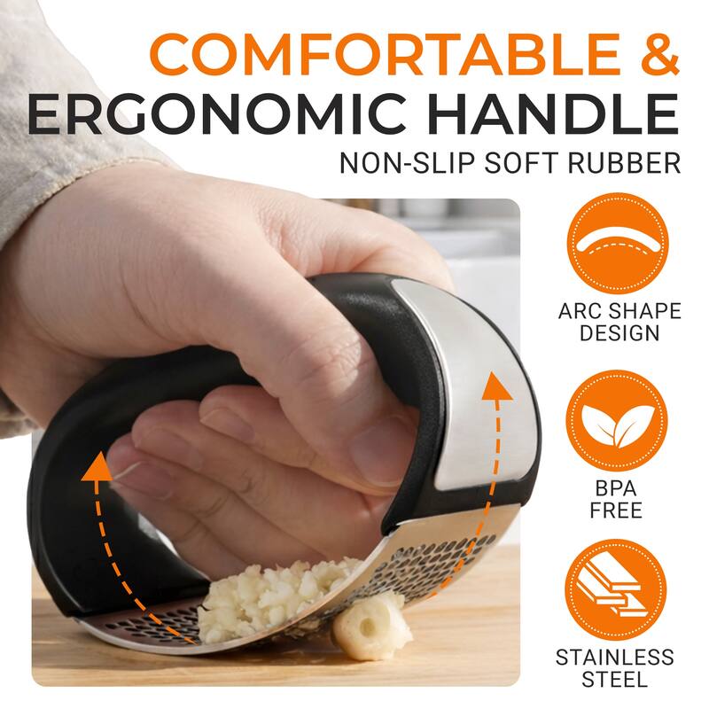 Cheer Collection Stainless Steel Garlic Press Rocker Set with Peeler Scraper and Cleaning Brush Black