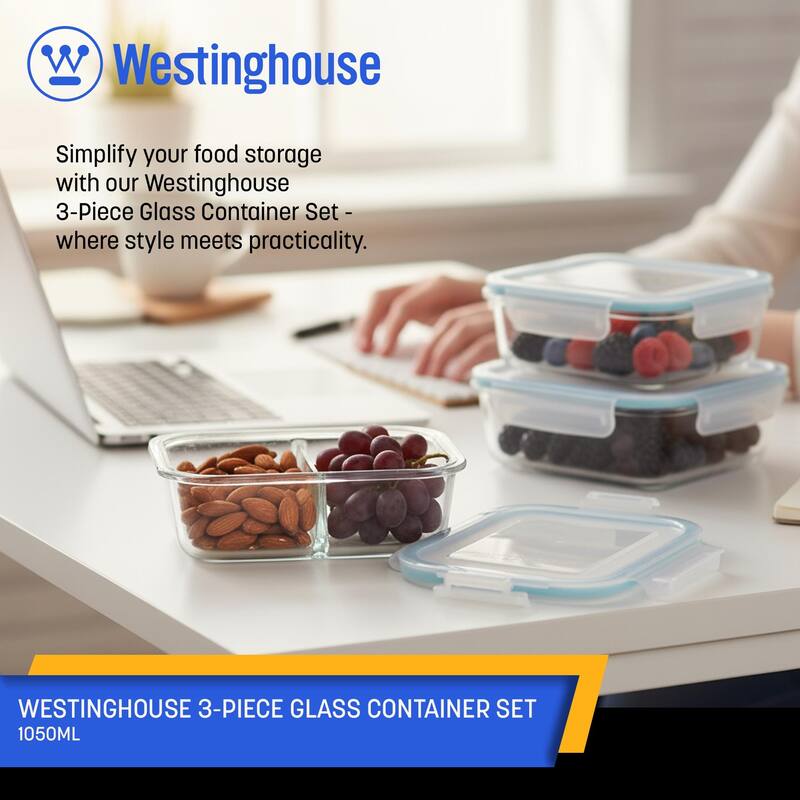Westinghouse 3-Piece Glass Food Storage Container Set - 1050ml Each