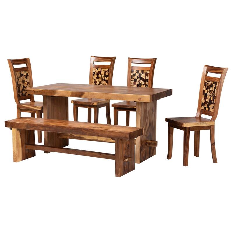 Luan Suar Wood Dining Set - Handcrafted Rectangular Solid Wood Table with Seating, Rustic Modern Kitchen or Dining Room Set - Natural Brown - 6-Piece