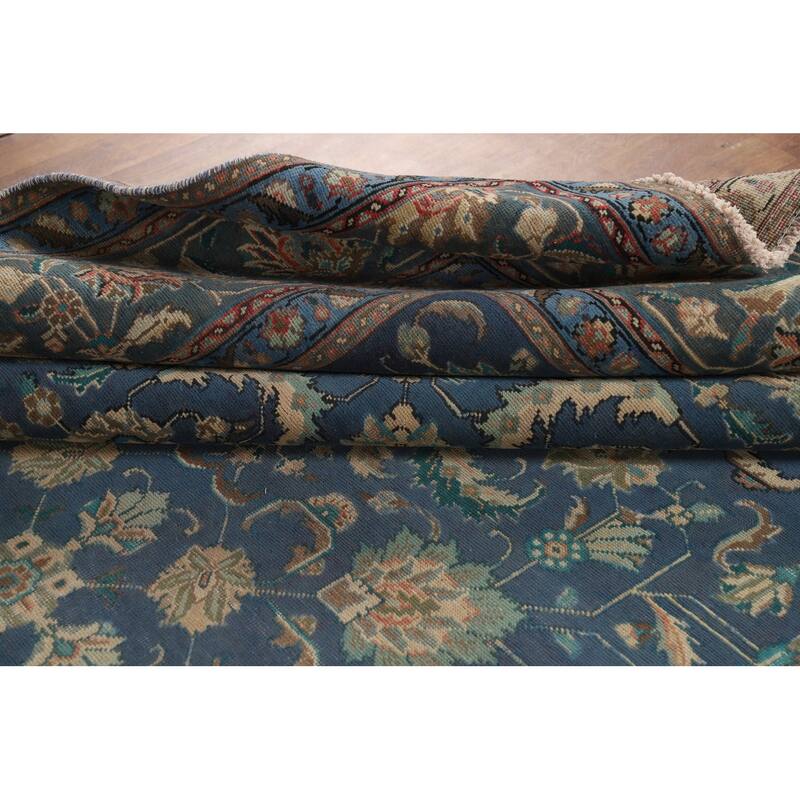 Distressed Blue Floral Tabriz Persian Area Rug Handmade Wool Carpet - 9'1"x 12'4"