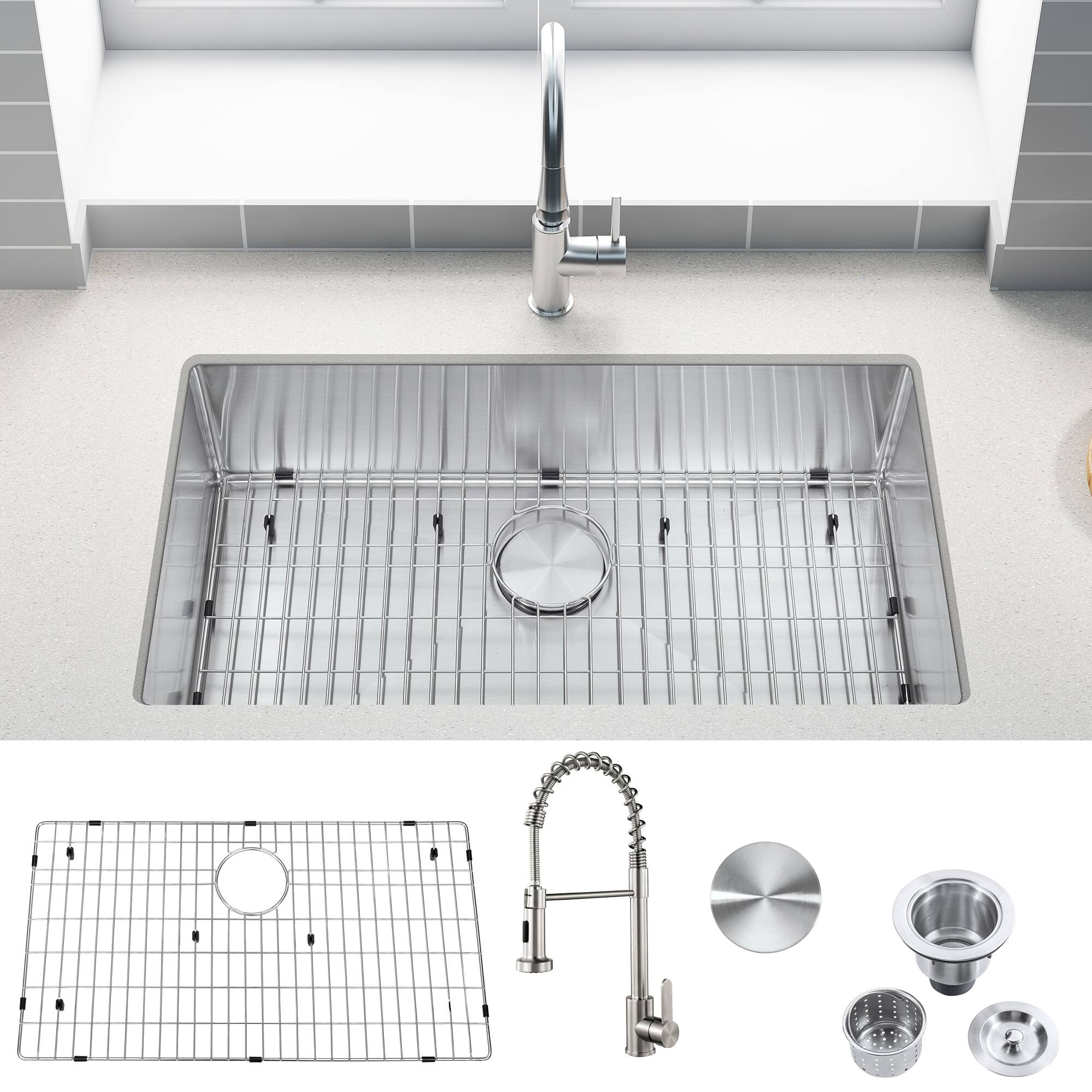 32 in Undermount Single Bowl Kitchen Sink with Faucet Bed Bath