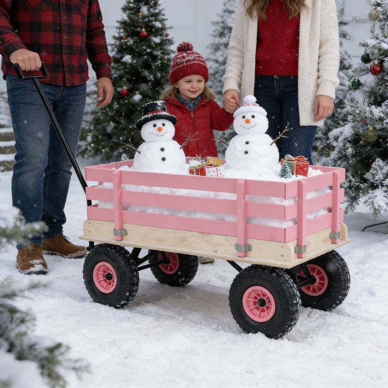 Wooden Garden Wagon for Kids & Adults - Durable Pink Utility Cart for Yard Work & Toy Storage