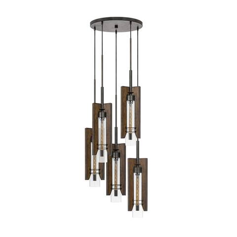 5 Bulb Wind Chime Design Pendant Fixture with Wooden Shades,Brown and Black - 38 H x 16 W x 16 L Inches