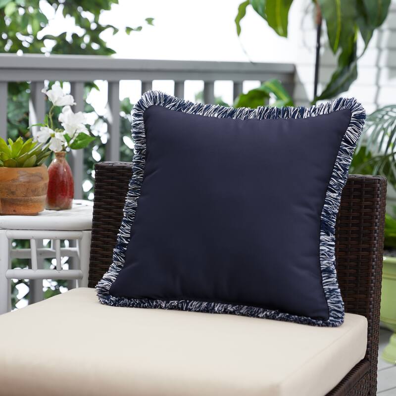 Sunbrella Canvas Navy Indoor/ Outdoor Square Pillow with Fringe - 18 in L x 18 in W - Canvas Navy / Navy and White